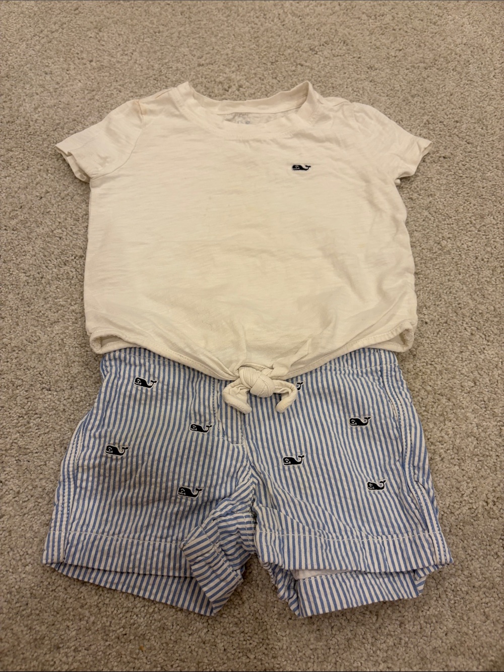 Vineyard Vines White Tie-Front Tee & Blue Striped Whale Embroidered Shorts Set